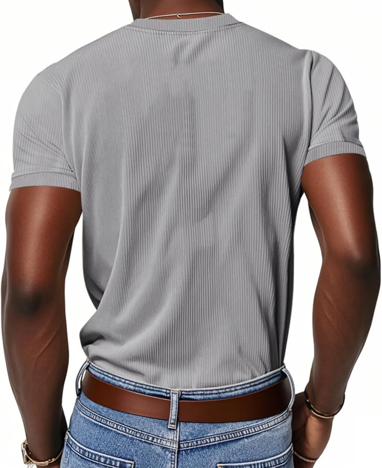 2025 Summer Short Sleeve T-Shirts for Men V Neck Corduroy Shirts Ribbed Knit Blouses Casual Business Tops