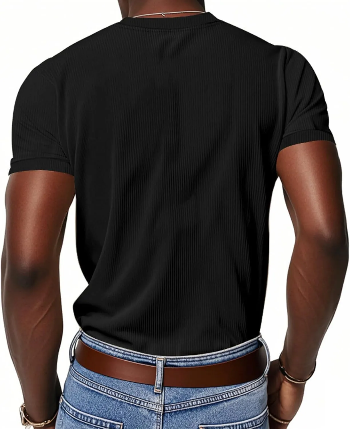 2025 Summer Short Sleeve T-Shirts for Men V Neck Corduroy Shirts Ribbed Knit Blouses Casual Business Tops
