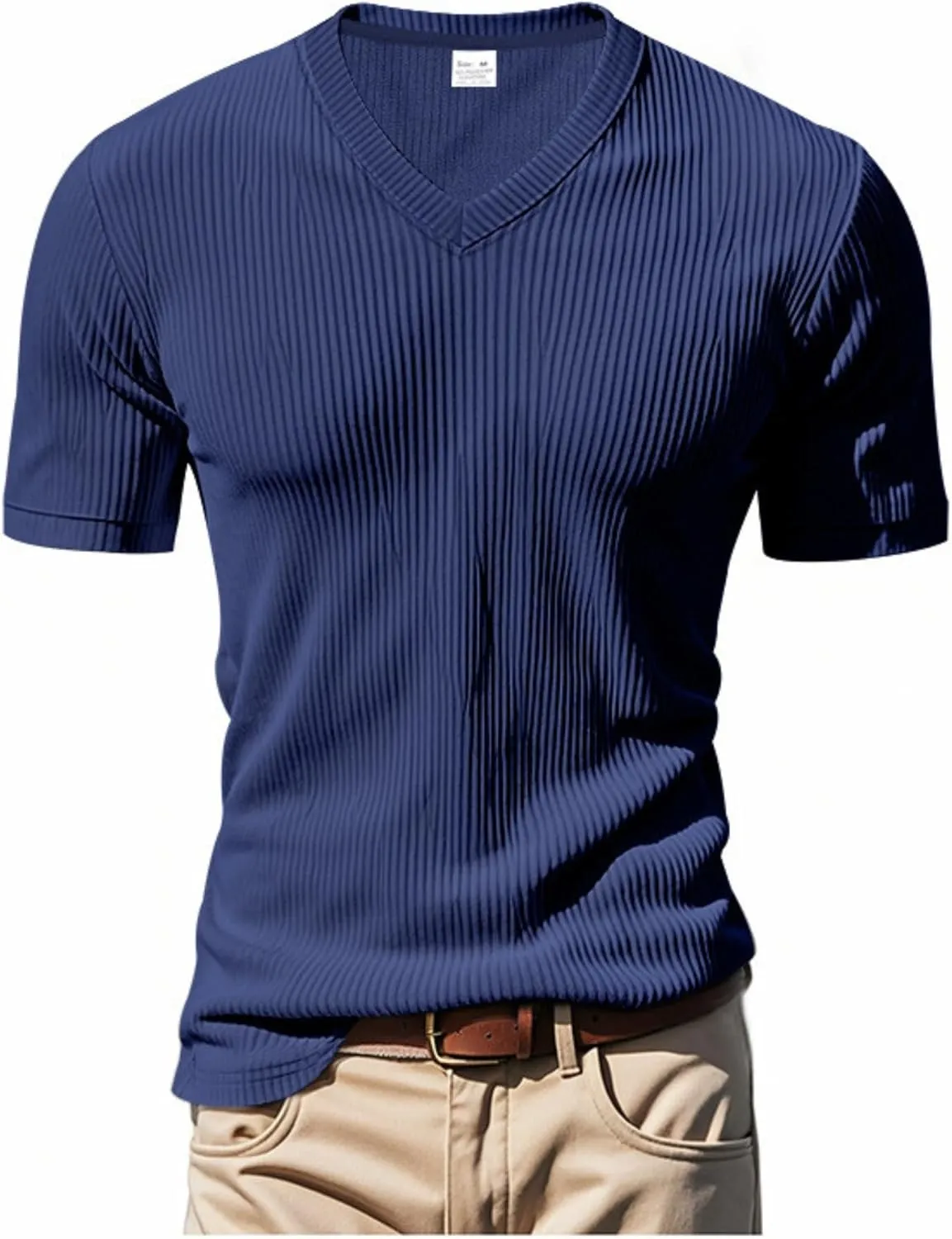 2025 Summer Short Sleeve T-Shirts for Men V Neck Corduroy Shirts Ribbed Knit Blouses Casual Business Tops