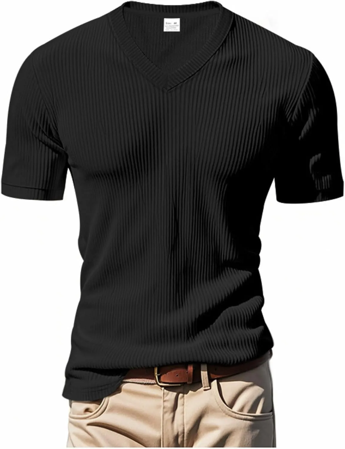 2025 Summer Short Sleeve T-Shirts for Men V Neck Corduroy Shirts Ribbed Knit Blouses Casual Business Tops