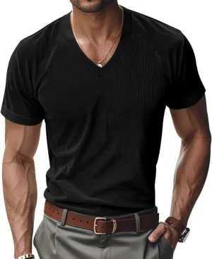 2025 Summer Short Sleeve T-Shirts for Men V Neck Corduroy Shirts Ribbed Knit Blouses Casual Business Tops