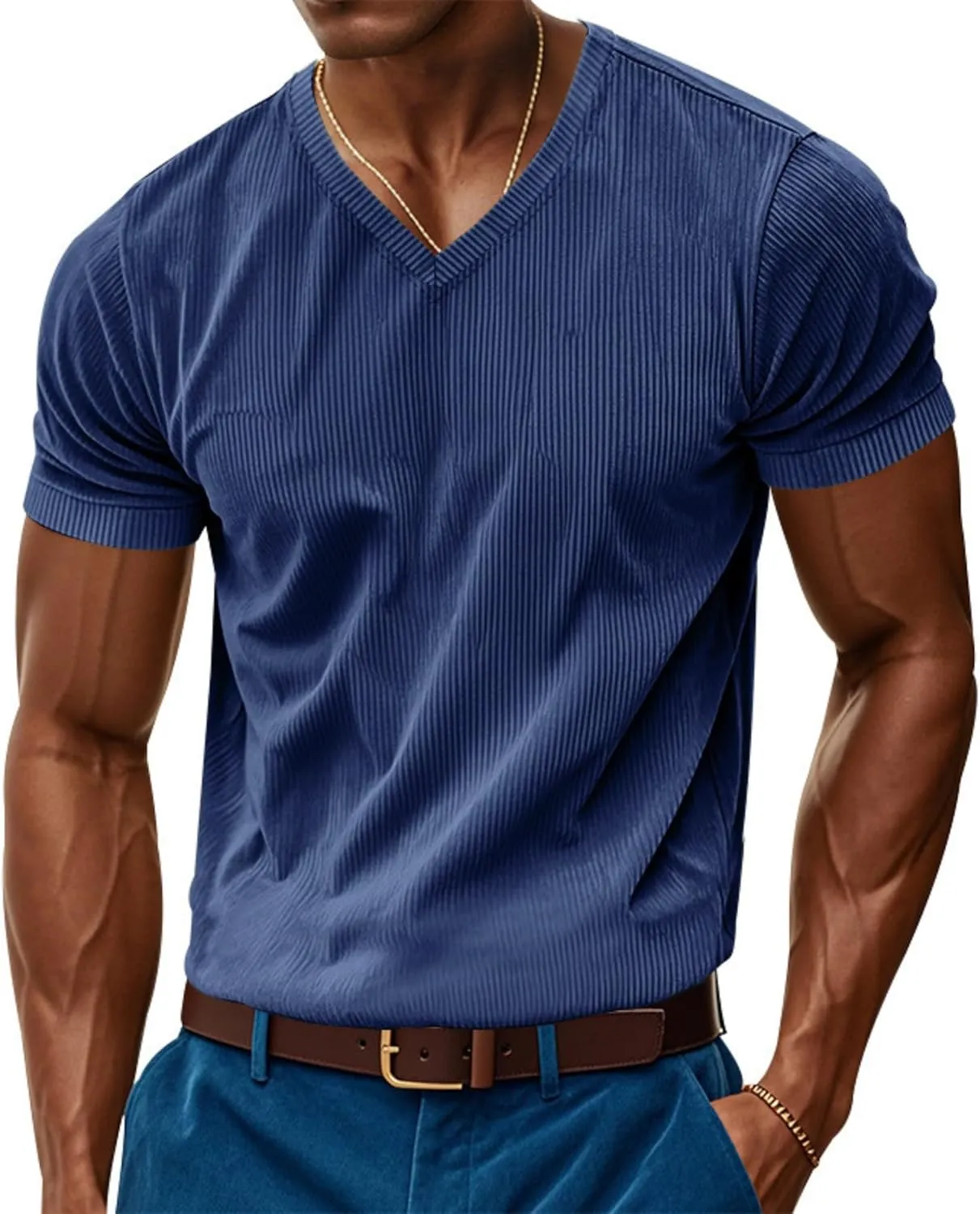 2025 Summer Short Sleeve T-Shirts for Men V Neck Corduroy Shirts Ribbed Knit Blouses Casual Business Tops