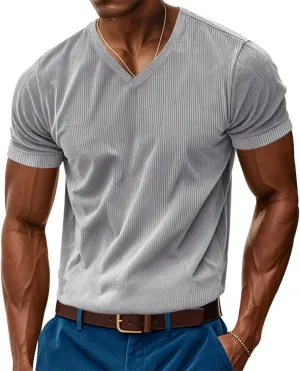 2025 Summer Short Sleeve T-Shirts for Men V Neck Corduroy Shirts Ribbed Knit Blouses Casual Business Tops