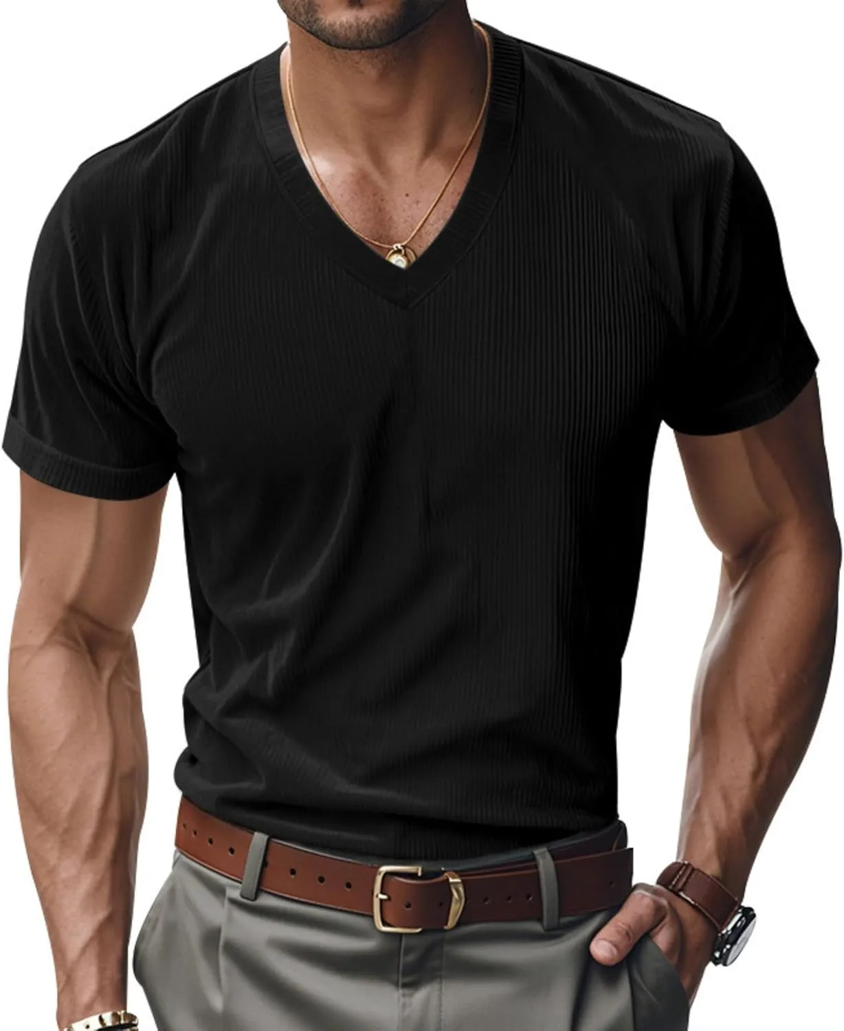 2025 Summer Short Sleeve T-Shirts for Men V Neck Corduroy Shirts Ribbed Knit Blouses Casual Business Tops