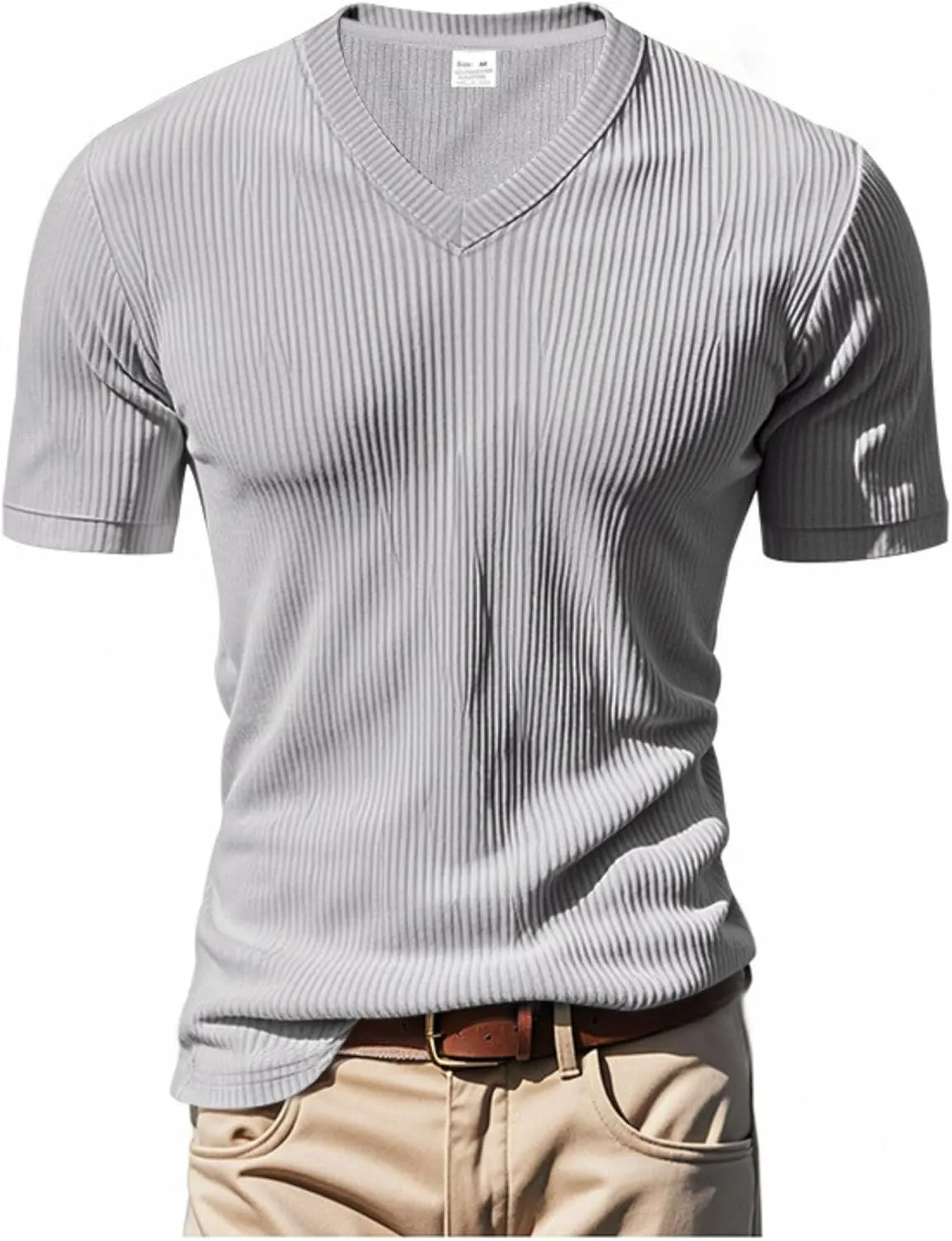 2025 Summer Short Sleeve T-Shirts for Men V Neck Corduroy Shirts Ribbed Knit Blouses Casual Business Tops