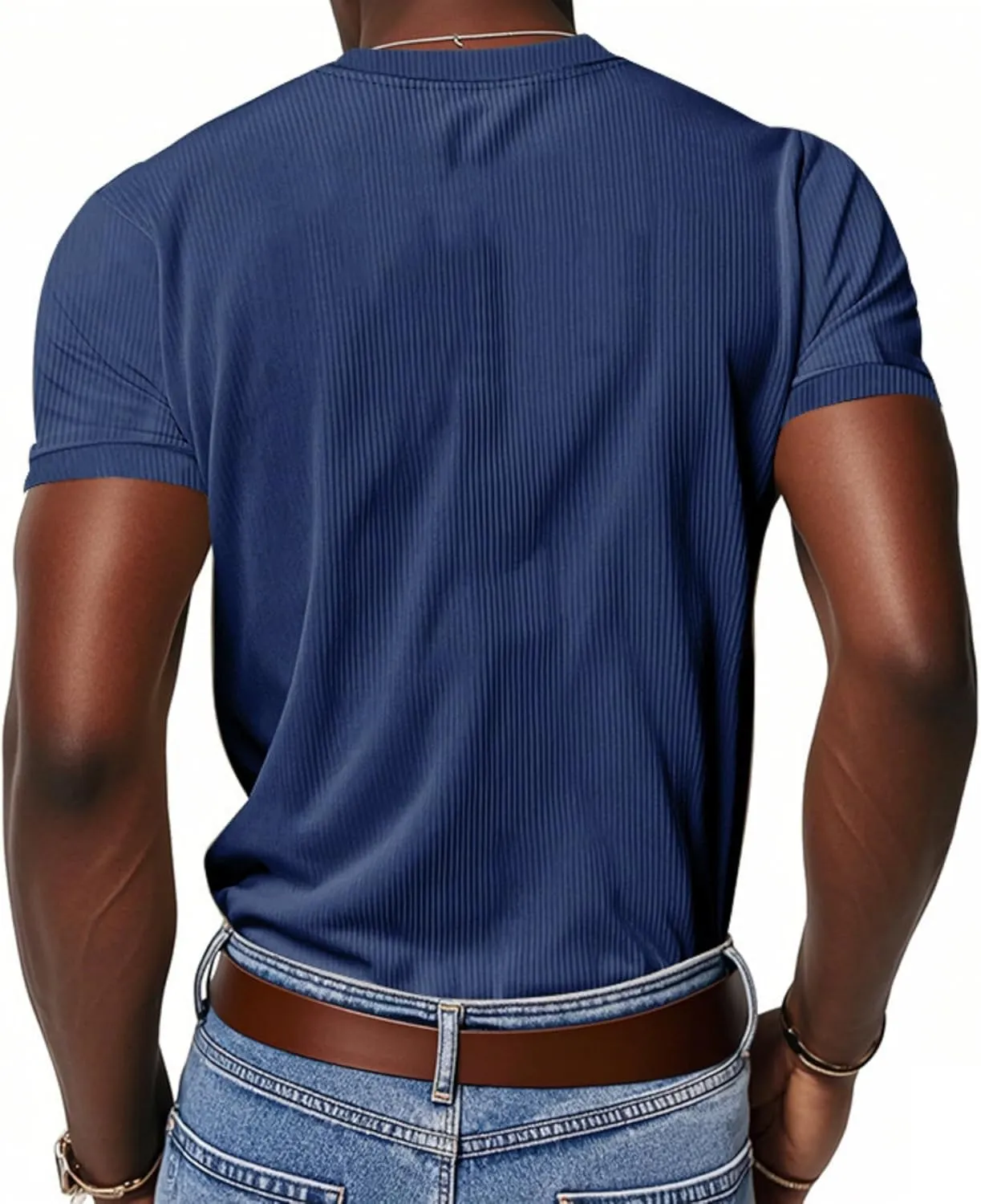 2025 Summer Short Sleeve T-Shirts for Men V Neck Corduroy Shirts Ribbed Knit Blouses Casual Business Tops