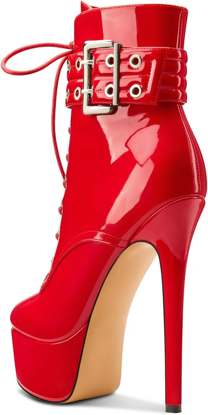 Aachcol Womens Stiletto High Heel Platform Ankle Boots Round Toe Lace-up Zipper Mid Calf Buckle Patent Leather Dress Booties