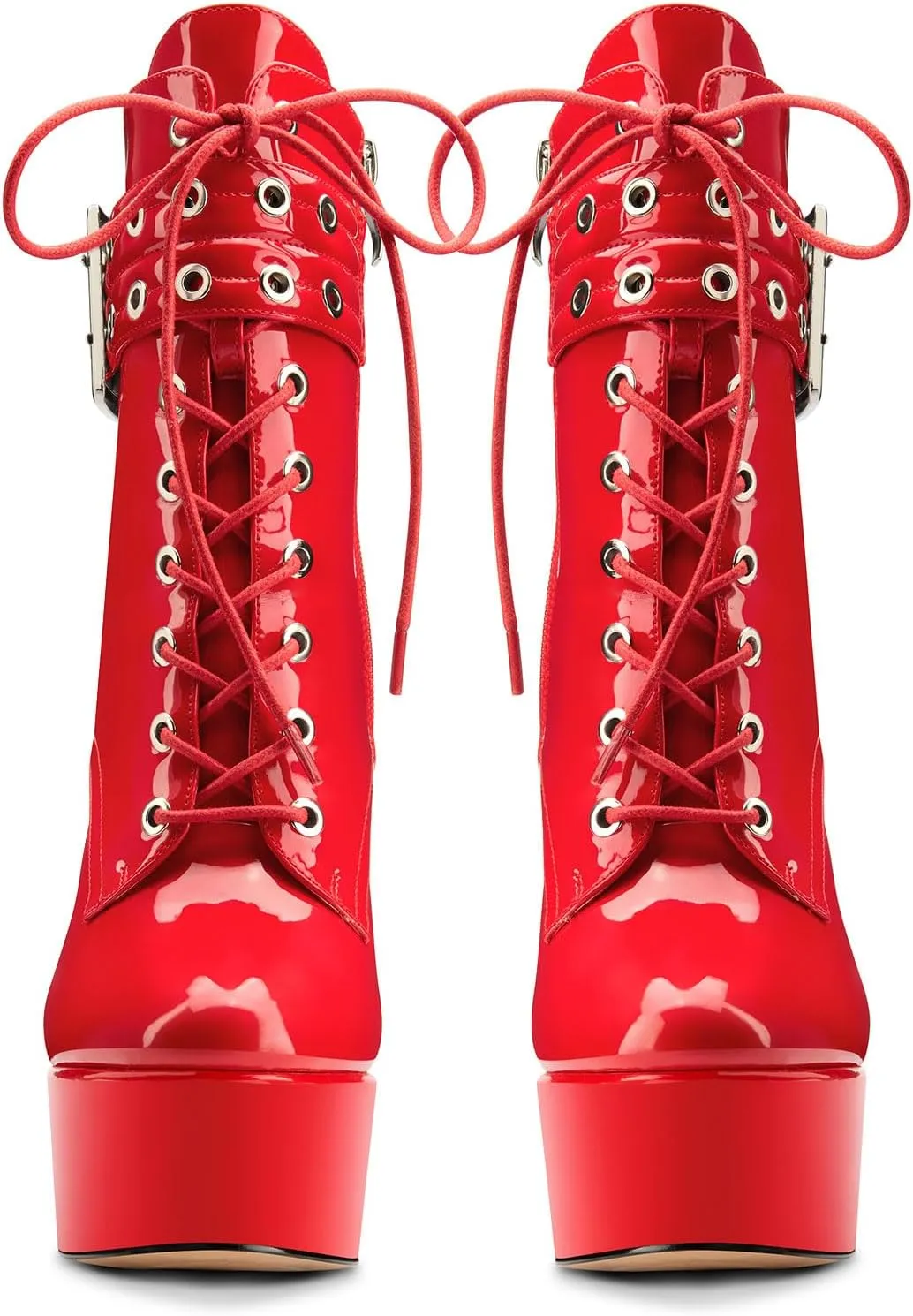 Aachcol Womens Stiletto High Heel Platform Ankle Boots Round Toe Lace-up Zipper Mid Calf Buckle Patent Leather Dress Booties