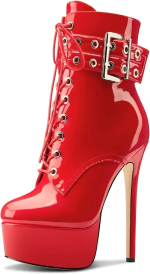 Aachcol Womens Stiletto High Heel Platform Ankle Boots Round Toe Lace-up Zipper Mid Calf Buckle Patent Leather Dress Booties