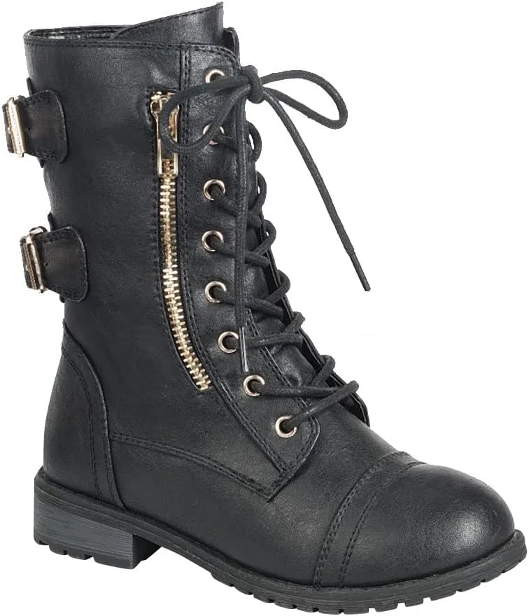 ABSOLEX Girl's Toddle/Little Kid/Big Kid Lace up Round Toe Low Heel Combat Boots