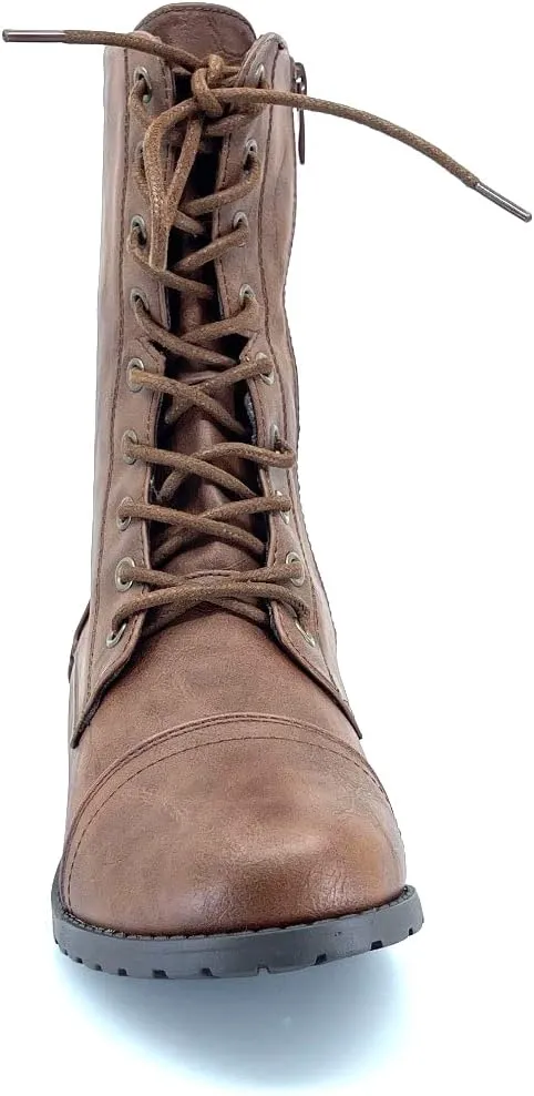 ABSOLEX Womens Lace up Round Toe Low Heel Combat Boots