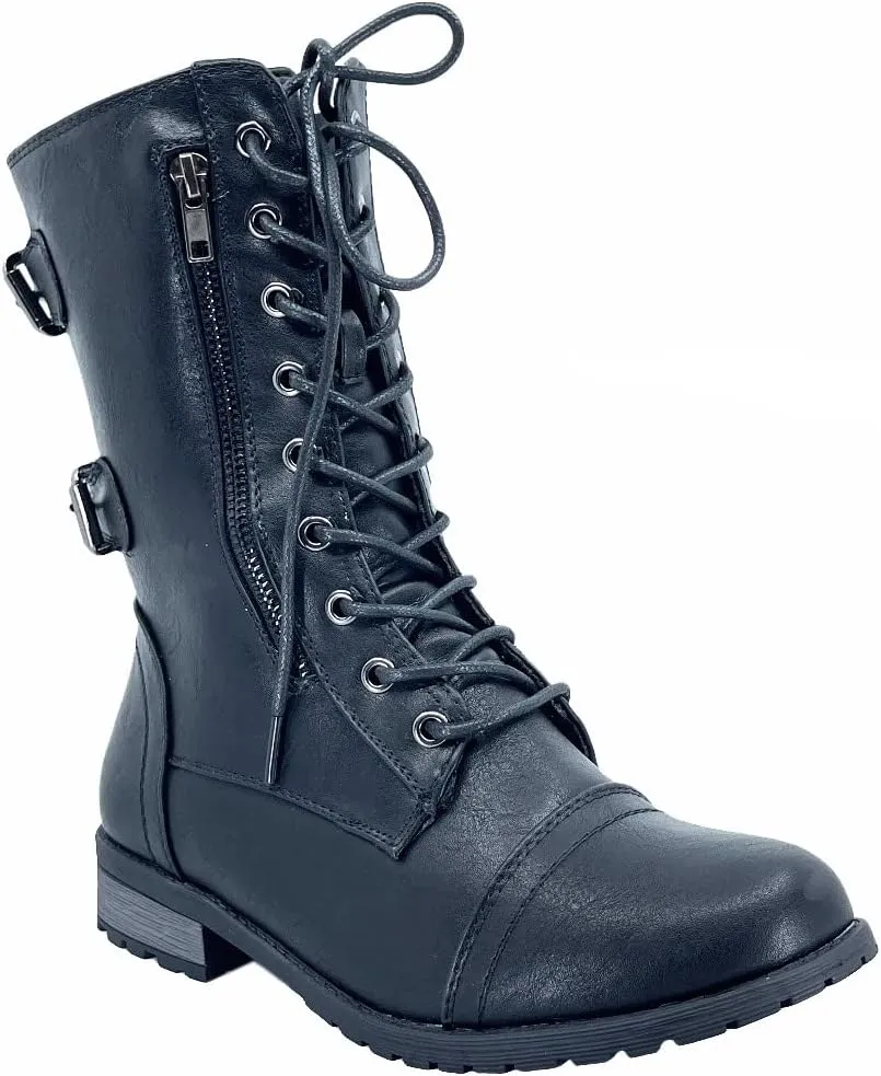 ABSOLEX Womens Lace up Round Toe Low Heel Combat Boots