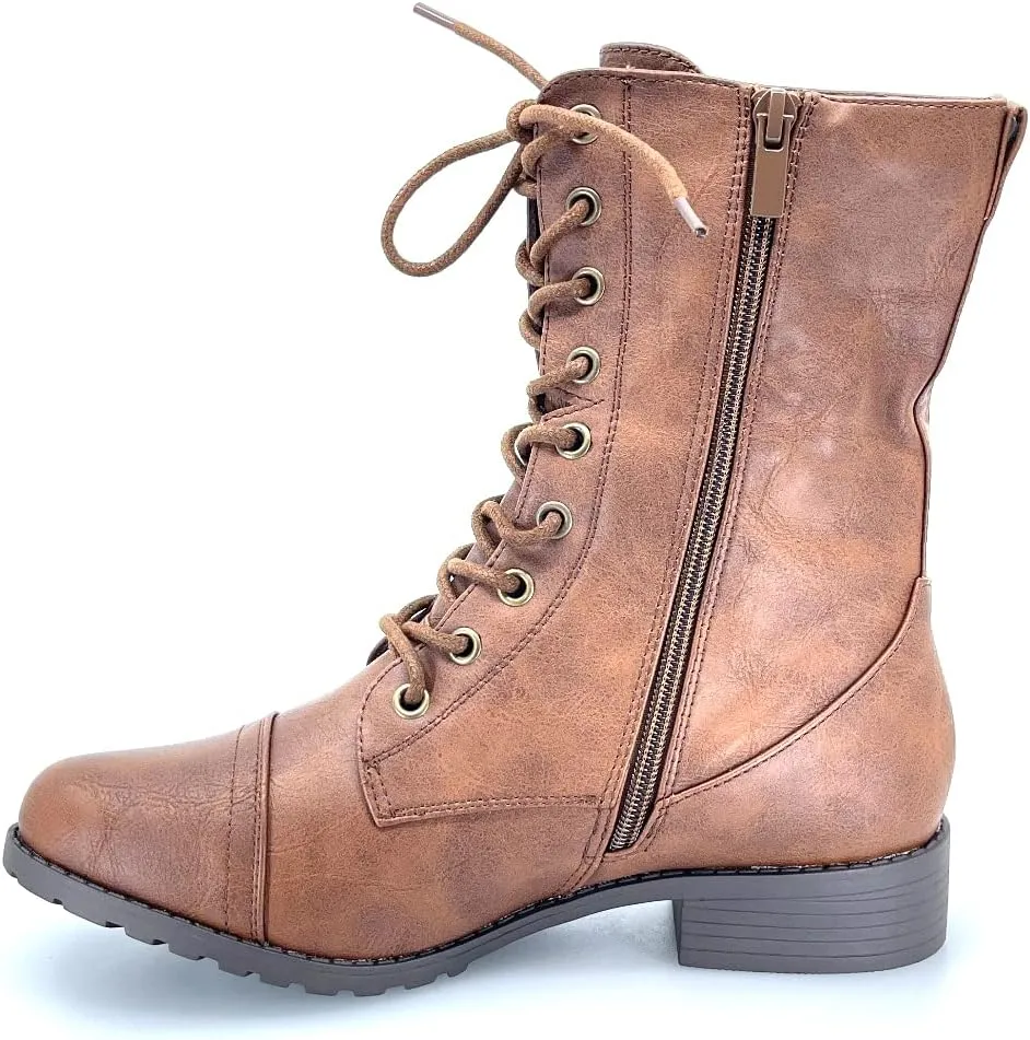 ABSOLEX Womens Lace up Round Toe Low Heel Combat Boots