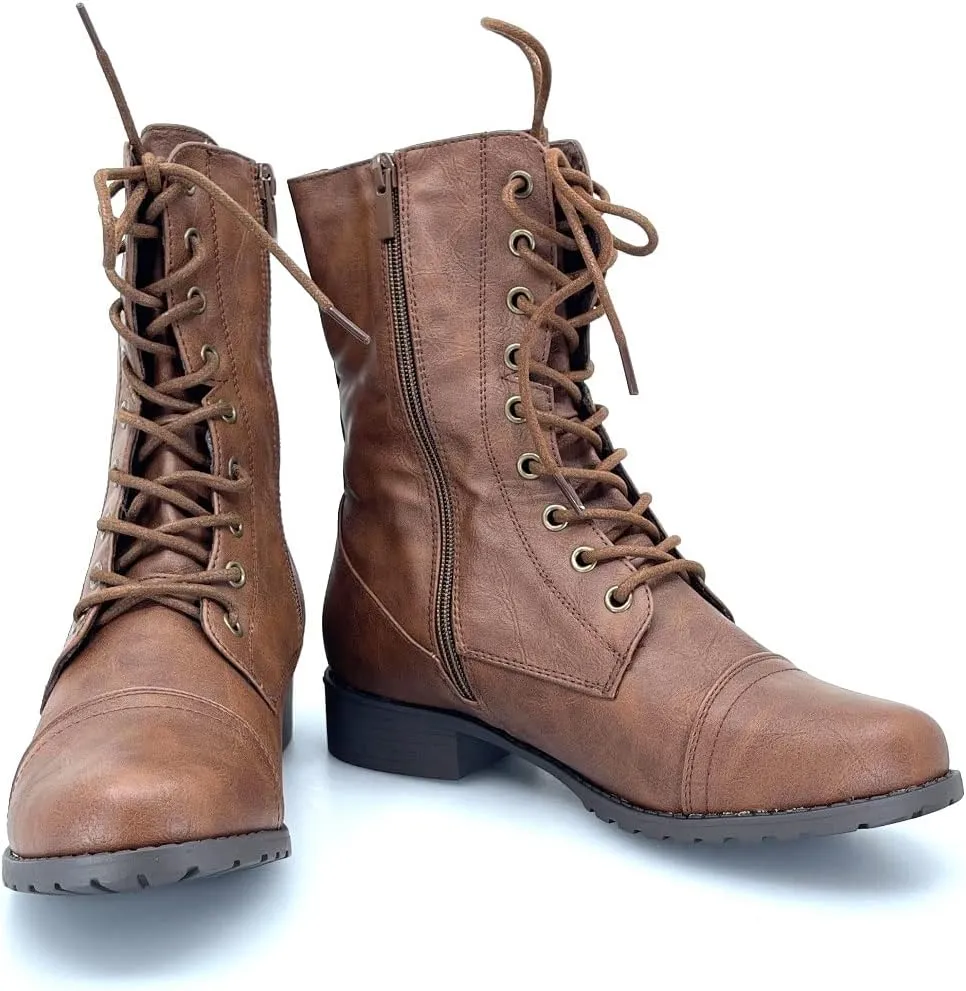 ABSOLEX Womens Lace up Round Toe Low Heel Combat Boots