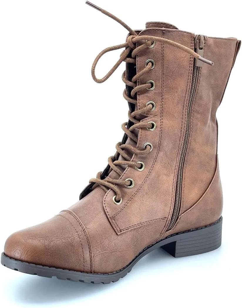ABSOLEX Womens Lace up Round Toe Low Heel Combat Boots