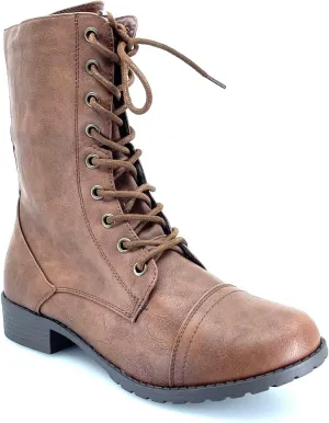 ABSOLEX Womens Lace up Round Toe Low Heel Combat Boots