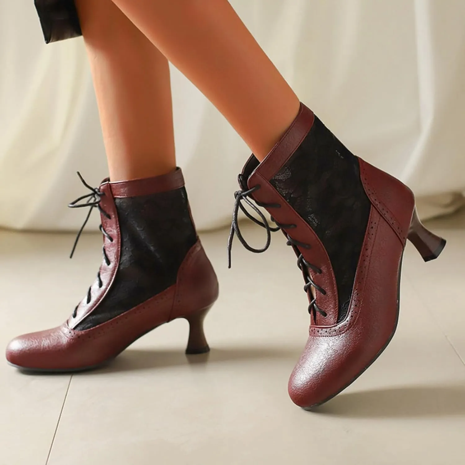 Aflngle Women's Round Toe Closed Kitten Low Chunky Heels Lace Up Sandals Short Boots Summer Mesh Breathable Ankle Booties Casual Comfortable Work Office Brogue Dress Shoes