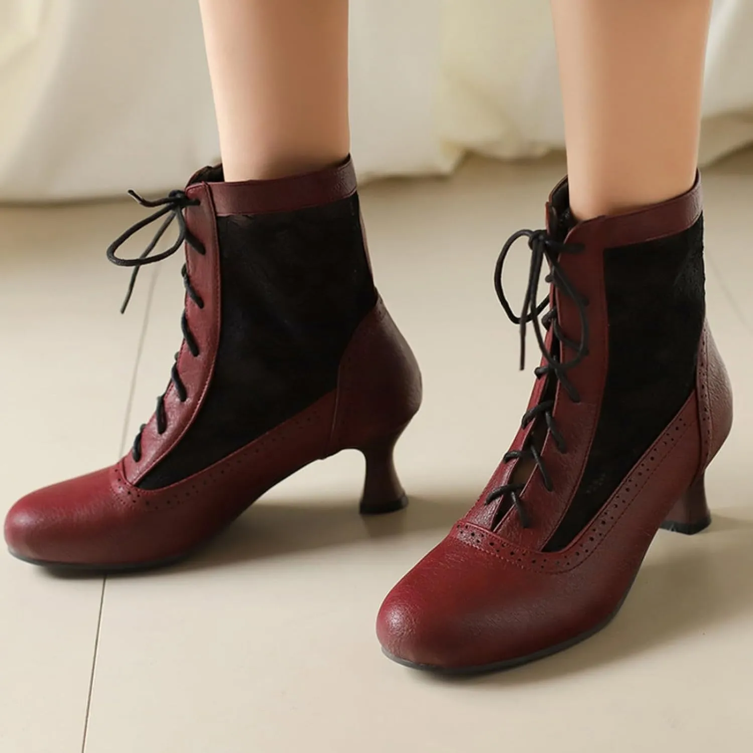 Aflngle Women's Round Toe Closed Kitten Low Chunky Heels Lace Up Sandals Short Boots Summer Mesh Breathable Ankle Booties Casual Comfortable Work Office Brogue Dress Shoes