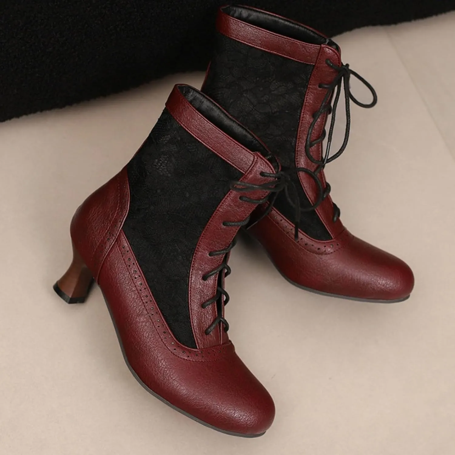 Aflngle Women's Round Toe Closed Kitten Low Chunky Heels Lace Up Sandals Short Boots Summer Mesh Breathable Ankle Booties Casual Comfortable Work Office Brogue Dress Shoes