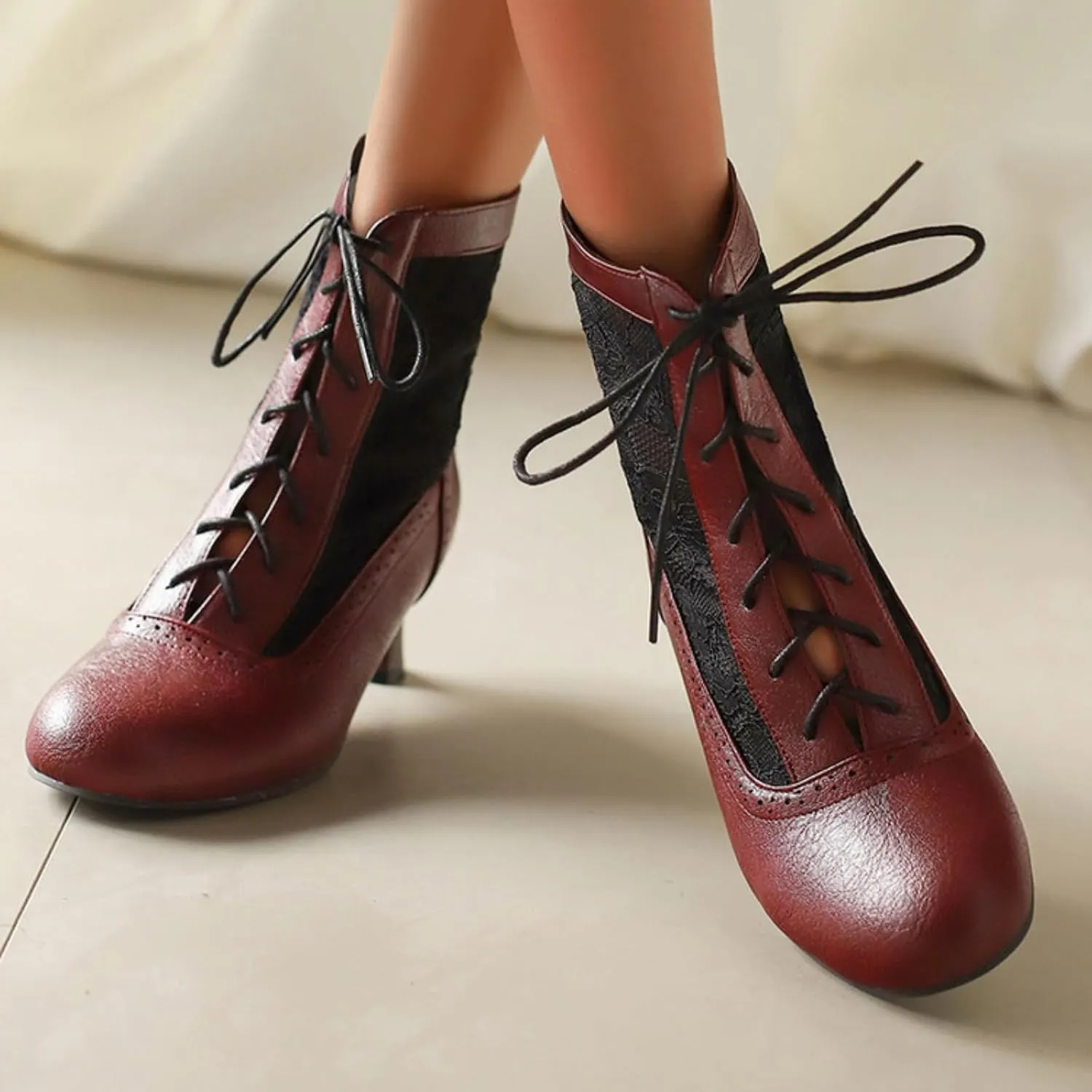 Aflngle Women's Round Toe Closed Kitten Low Chunky Heels Lace Up Sandals Short Boots Summer Mesh Breathable Ankle Booties Casual Comfortable Work Office Brogue Dress Shoes