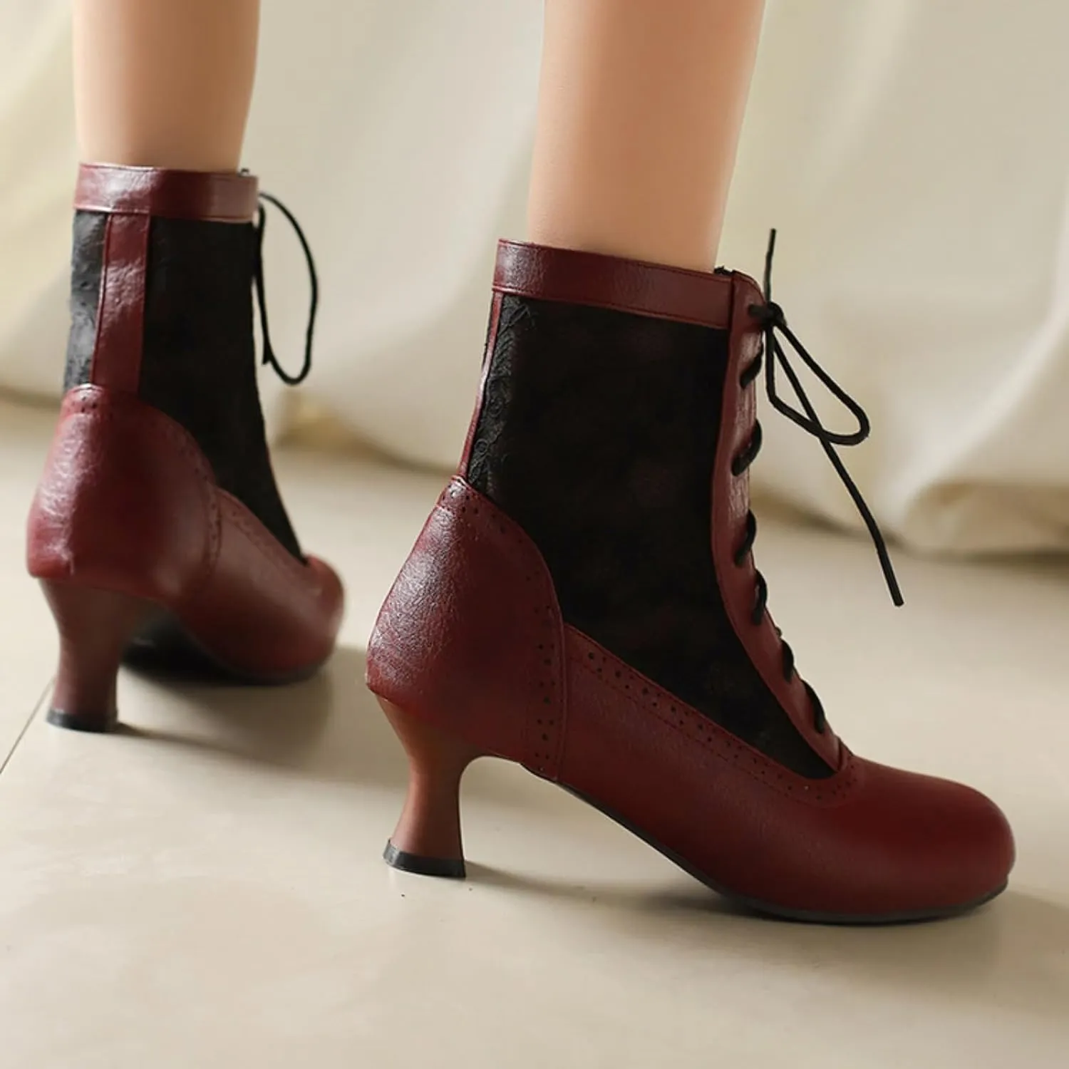 Aflngle Women's Round Toe Closed Kitten Low Chunky Heels Lace Up Sandals Short Boots Summer Mesh Breathable Ankle Booties Casual Comfortable Work Office Brogue Dress Shoes