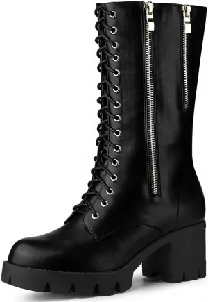 Allegra K Women's Lace Up Platform Chunky Heel Mid Calf Combat Boots Halloween Boots