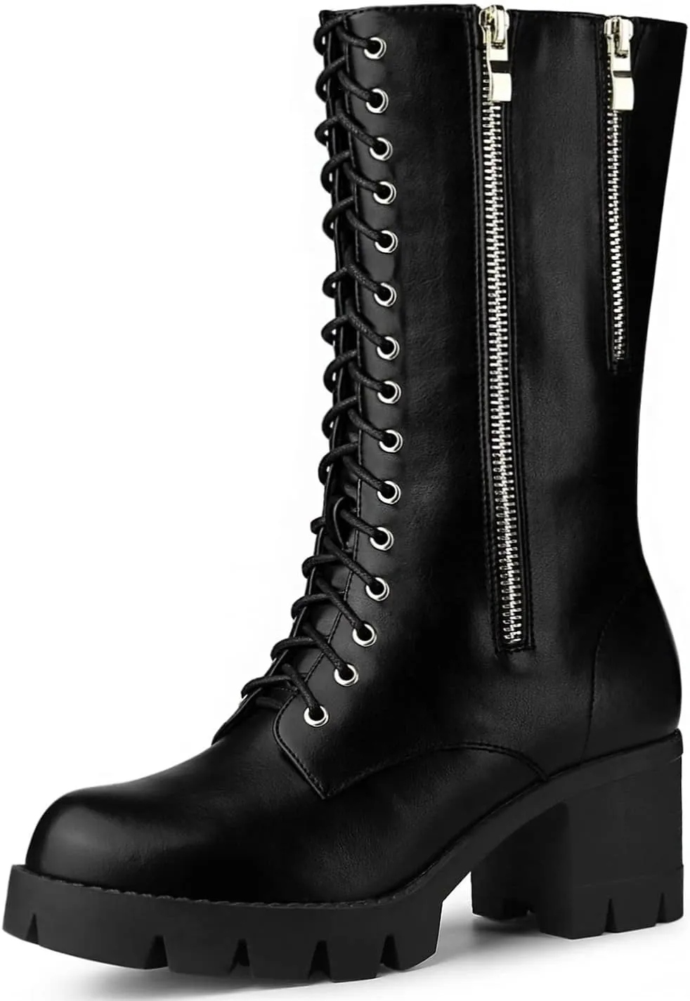 Allegra K Women's Lace Up Platform Chunky Heel Mid Calf Combat Boots Halloween Boots