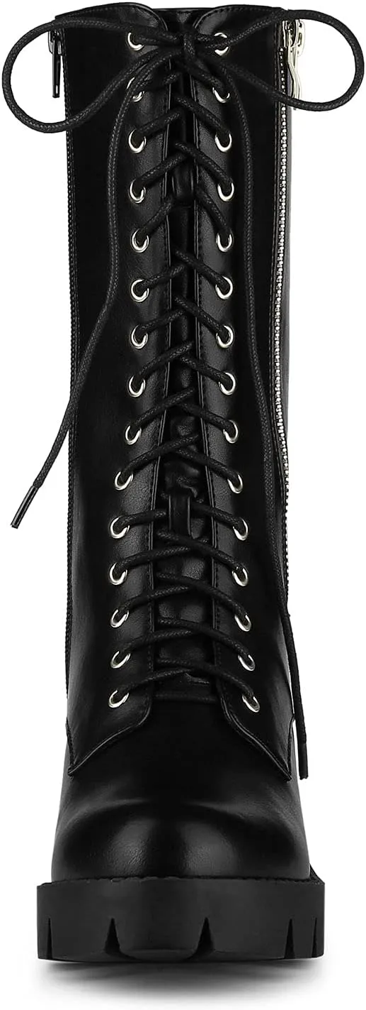 Allegra K Women's Lace Up Platform Chunky Heel Mid Calf Combat Boots Halloween Boots