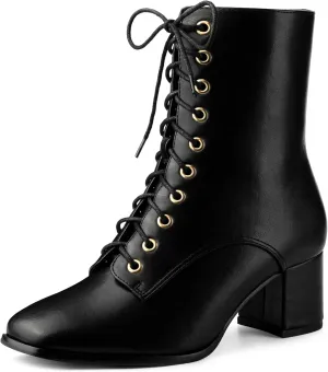 Allegra K Women's Lace Up Square Toe Chunky Heels Ankle Combat Boots