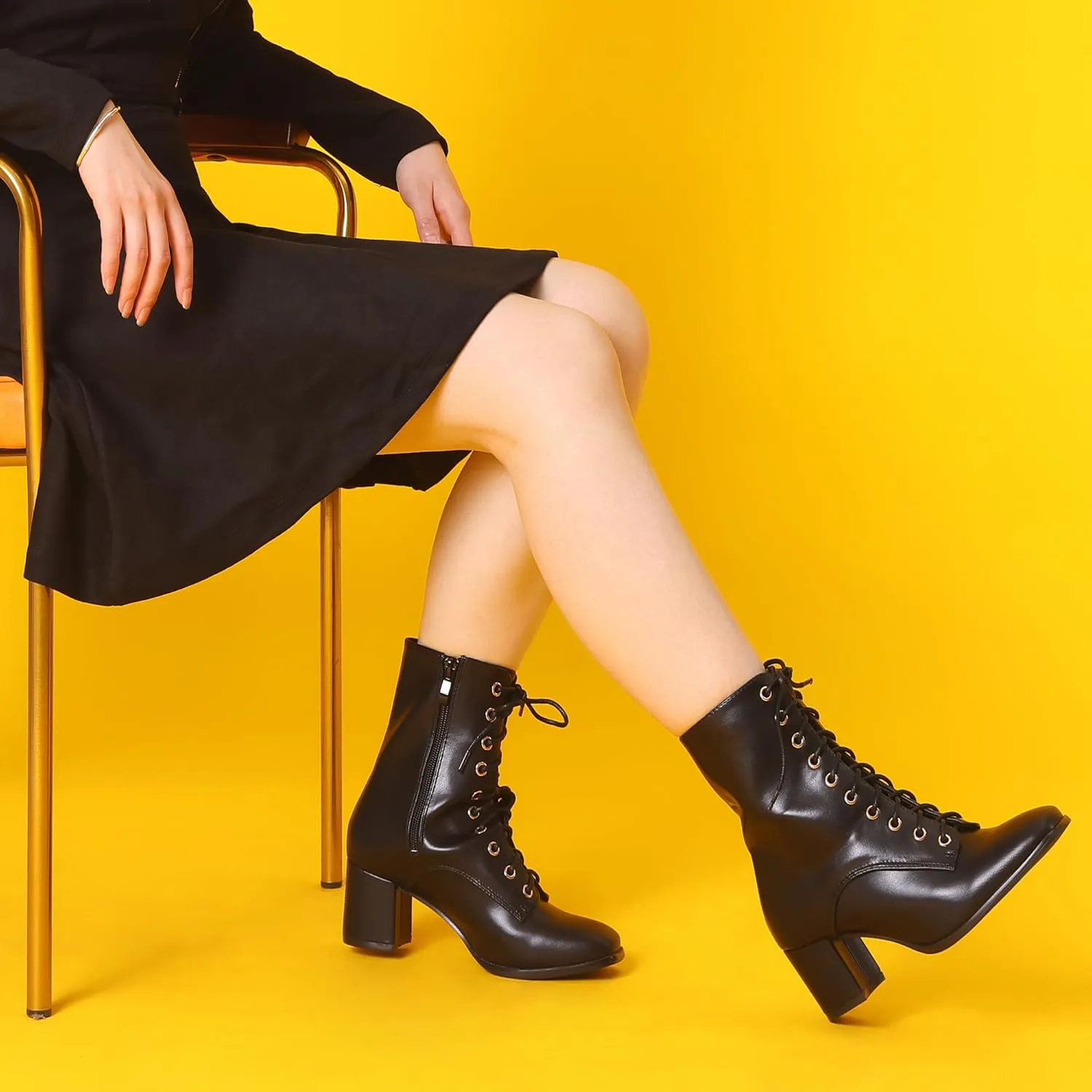 Allegra K Women's Lace Up Square Toe Chunky Heels Ankle Combat Boots
