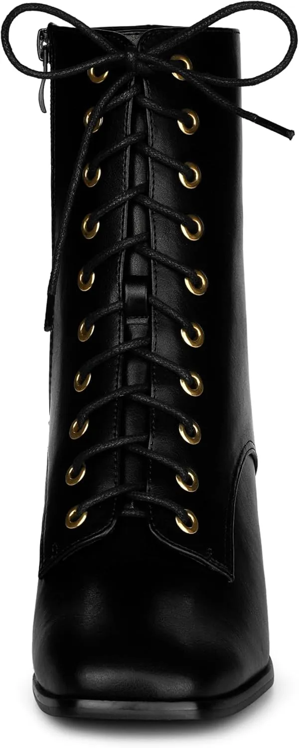 Allegra K Women's Lace Up Square Toe Chunky Heels Ankle Combat Boots