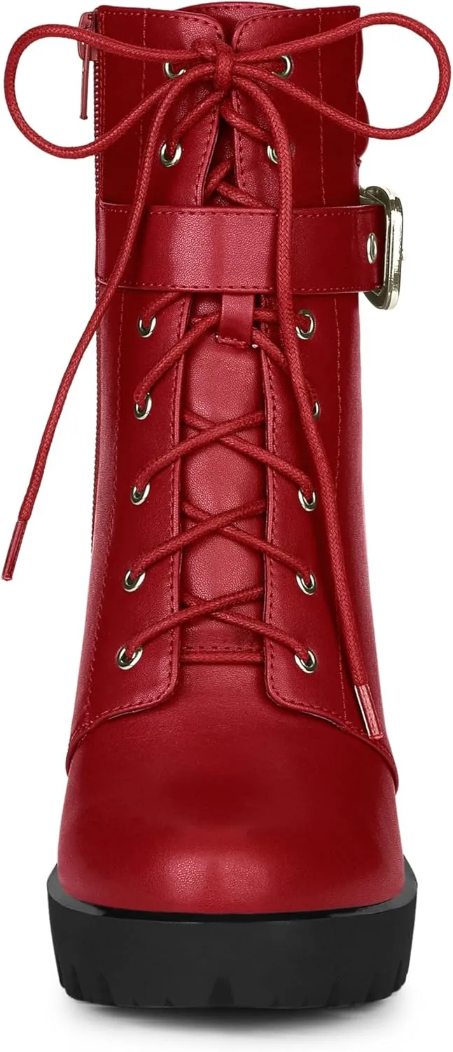 Allegra K Women's Platform Ankle Boots Lace Up Block Heels Combat Boots