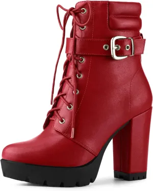 Allegra K Women's Platform Ankle Boots Lace Up Block Heels Combat Boots