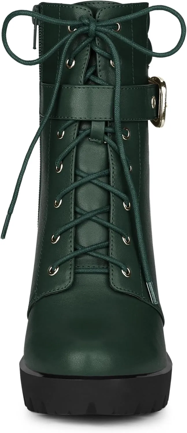 Allegra K Women's Platform Ankle Boots Lace Up Block Heels Combat Boots
