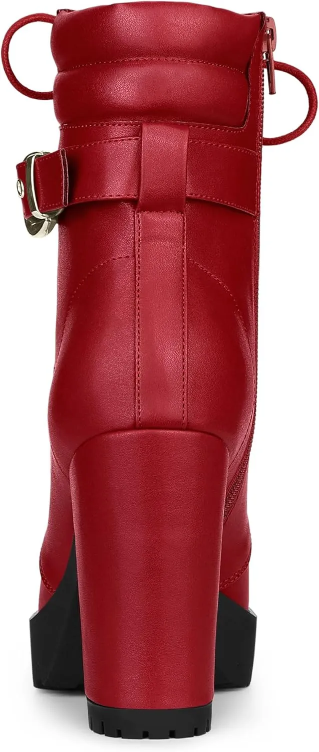 Allegra K Women's Platform Ankle Boots Lace Up Block Heels Combat Boots