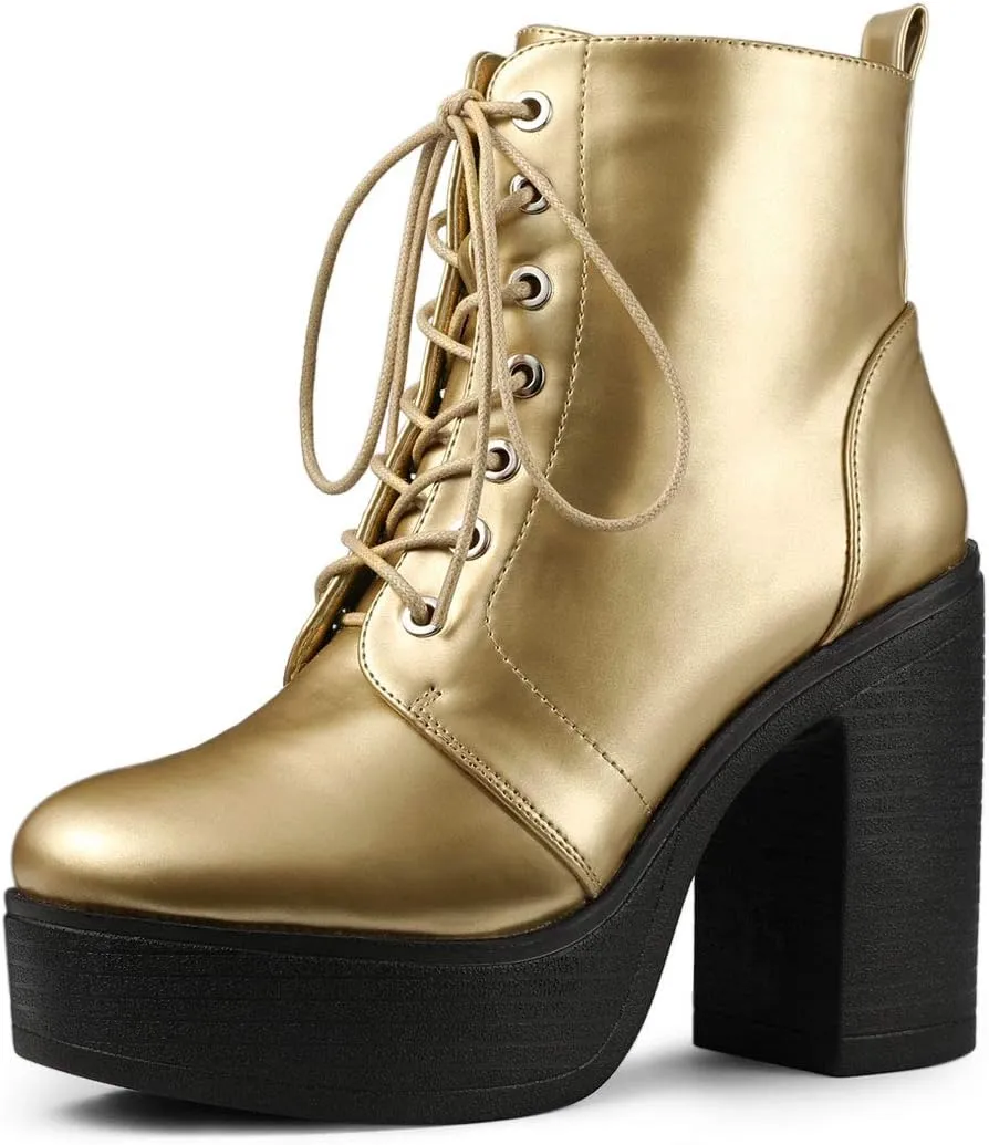 Allegra K Women's Platform Chunky High Heel Lace Up Combat Boots