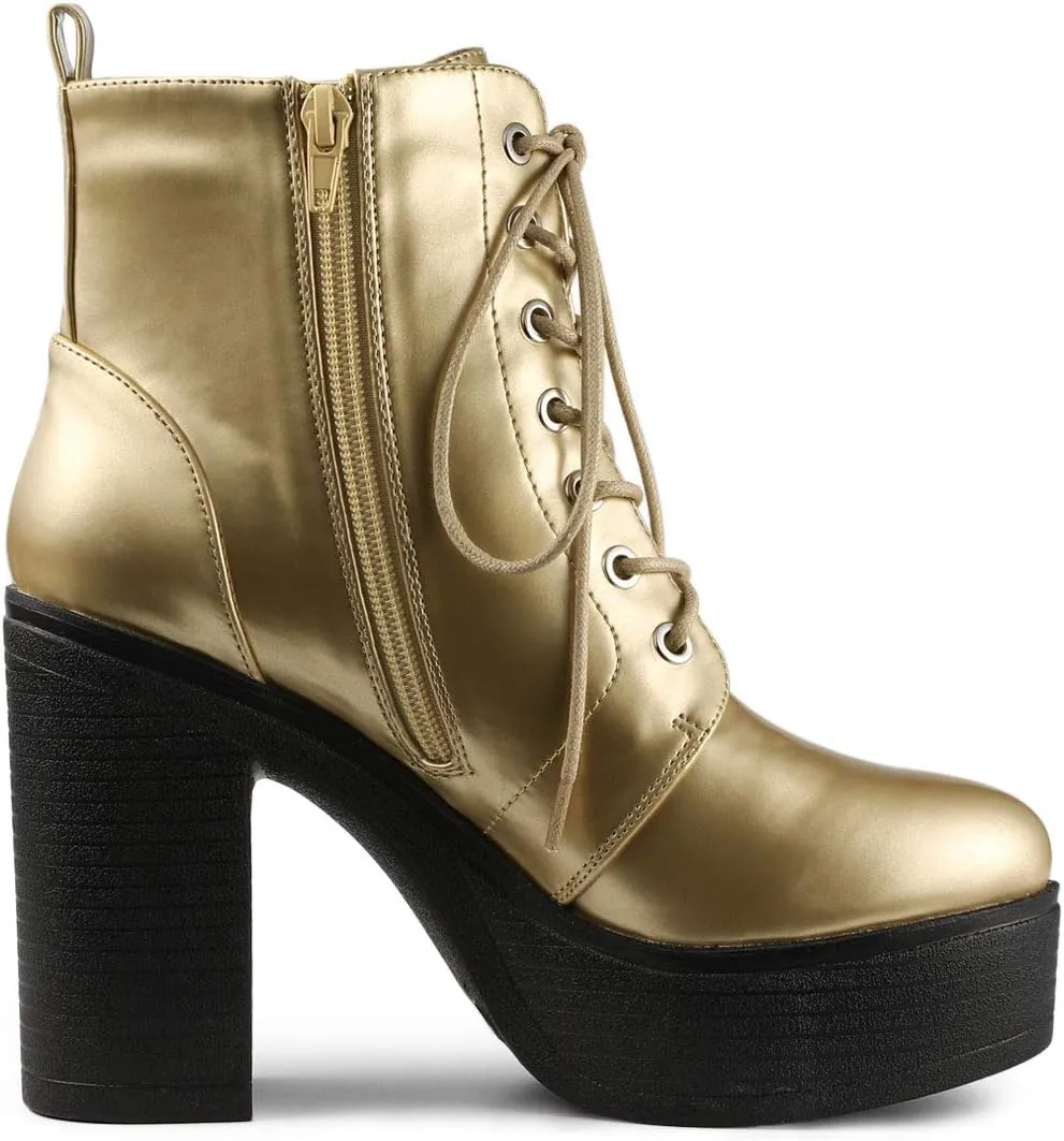 Allegra K Women's Platform Chunky High Heel Lace Up Combat Boots
