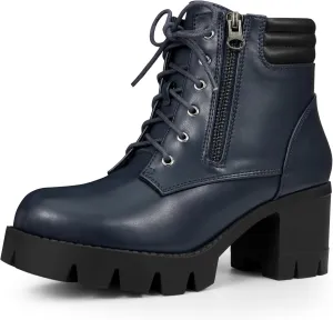 Allegra K Women's Round Toe Chunky Heel Lace Up Zipper Combat Boots