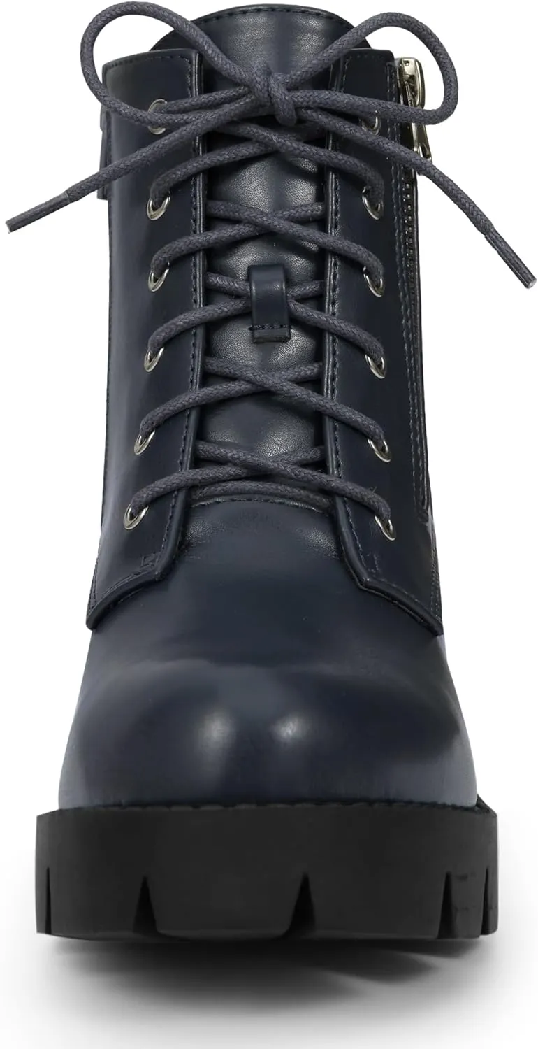 Allegra K Women's Round Toe Chunky Heel Lace Up Zipper Combat Boots