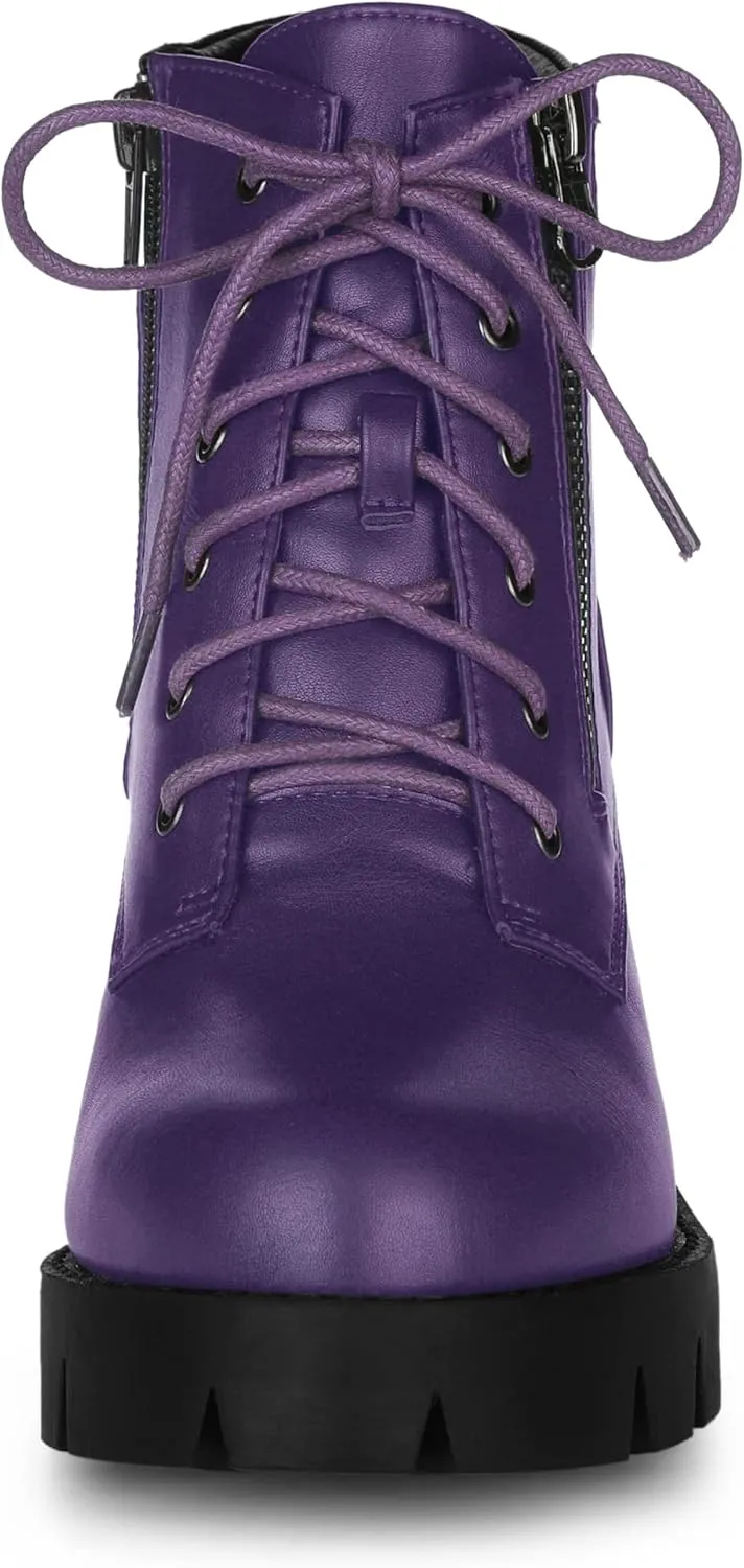 Allegra K Women's Round Toe Chunky Heel Lace Up Zipper Combat Boots