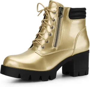 Allegra K Women's Round Toe Chunky Heel Lace Up Zipper Combat Boots