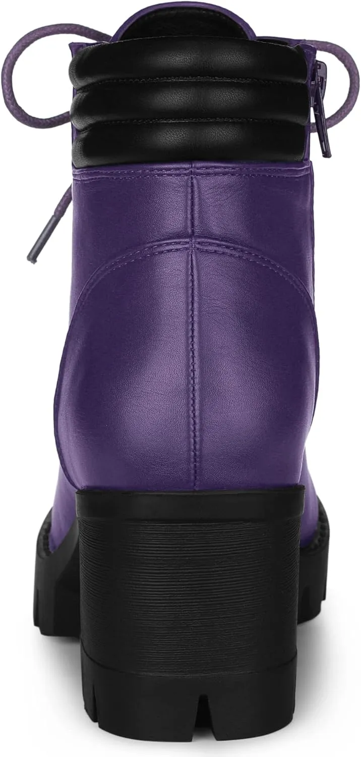Allegra K Women's Round Toe Chunky Heel Lace Up Zipper Combat Boots