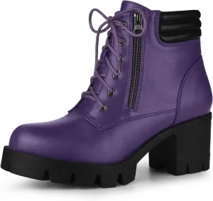 Allegra K Women's Round Toe Chunky Heel Lace Up Zipper Combat Boots