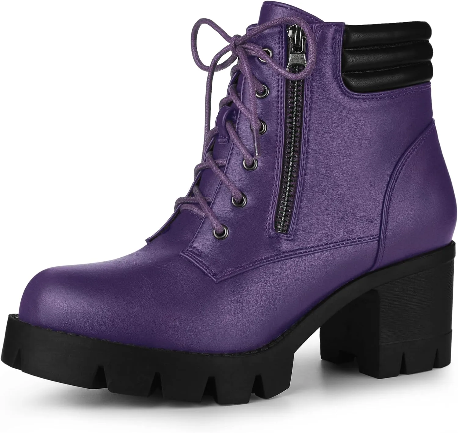 Allegra K Women's Round Toe Chunky Heel Lace Up Zipper Combat Boots