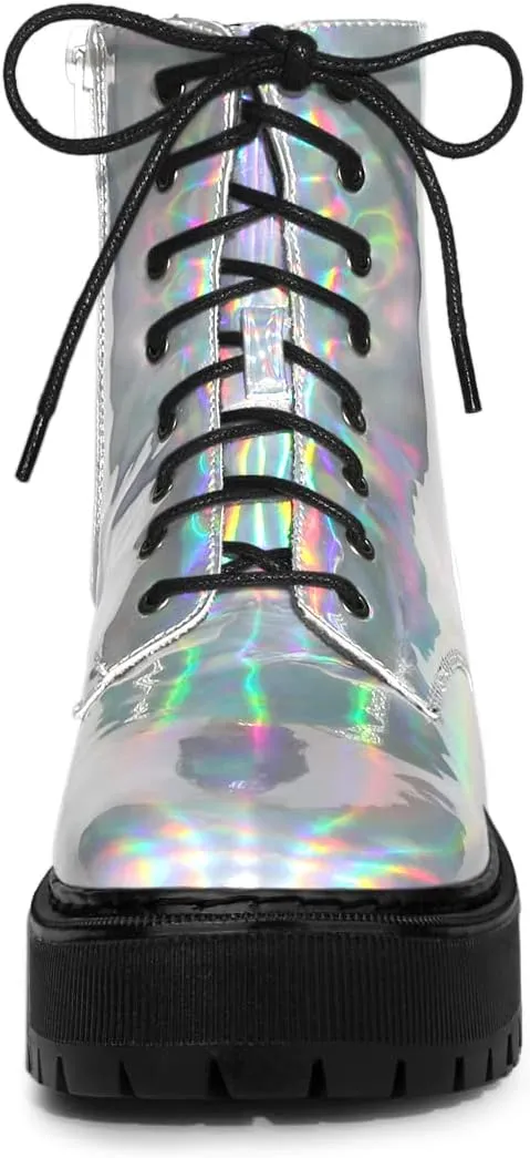 Allegra K Women's Round Toe Platform Lace Up Colorful Combat Ankle Boots