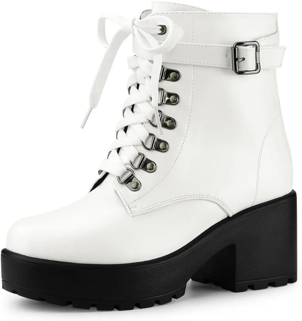 Allegra K Women's Zip Chunky Heel Platform Ankle Combat Boots