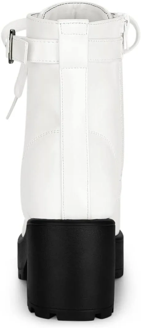 Allegra K Women's Zip Chunky Heel Platform Ankle Combat Boots