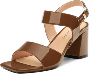 AMBELIGHT Women's Summer Square Open Toe Chunky Mid Heeled Sandals Ankle Buckle Slingback Patent Block Heels For Daily Wear Comfortable Dressy Wedding Vacation Shoes For Women