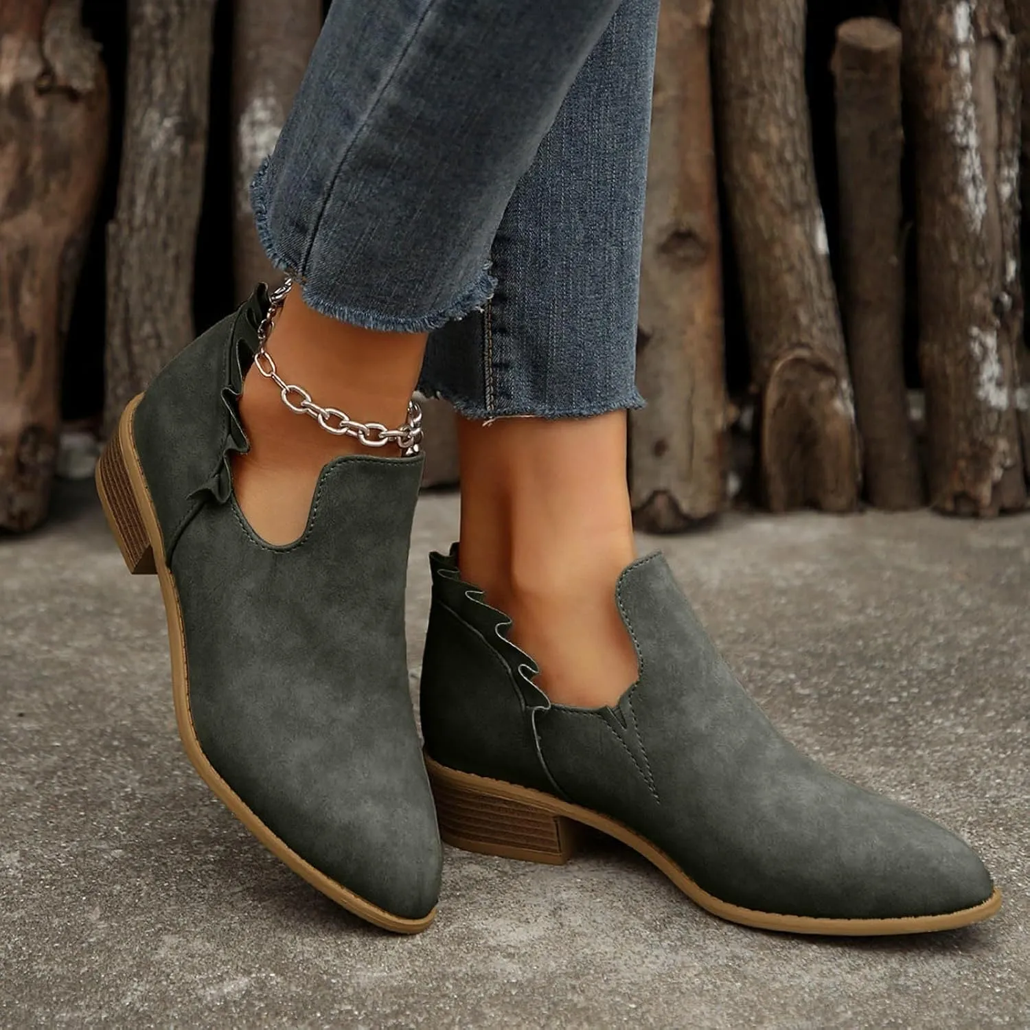 AMDBEL Winter Boots for Women 2024 Ankle Booties Low Heel Short Boots V Cut Chelsea Boots Pointd Toe Fall Winter Dressy Shoes