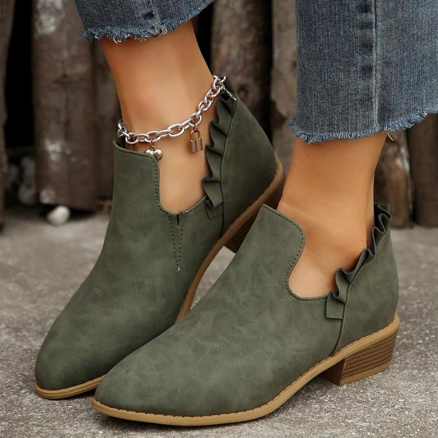 AMDBEL Winter Boots for Women 2024 Ankle Booties Low Heel Short Boots V Cut Chelsea Boots Pointd Toe Fall Winter Dressy Shoes